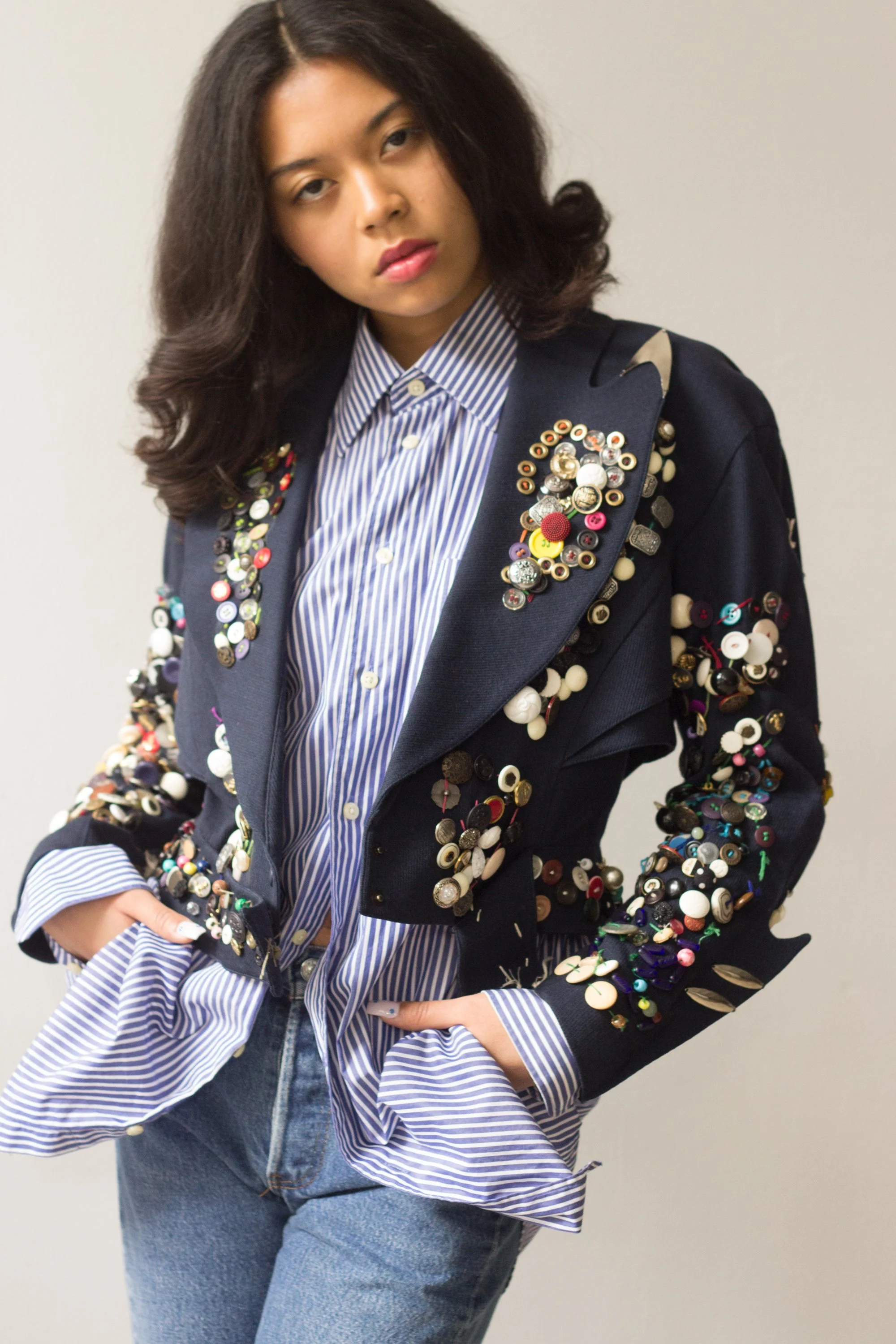 Thierry Mugler 花柄ノーカラージャケット　ベロア　黒　9AR ACA 1980s Thierry Mugler Metal Tipped Jacket with Hand
